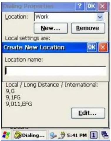 Dialing Properties Location: Work New... Remove Local settings are: Create New Location Location name: Local / Long Distance / International: 9,G 9,1FG 9,011,EFG Edit...