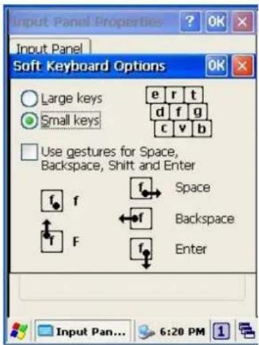 Input Panel Properties Input Panel Soft Keyboard Options Large keys Small keys e r t d f g c v b Use gestures for Space, Backspace, Shift and Enter f f f Space Backspace Enter Input Pan... 6:20 PM