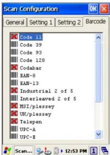 Scan Configuration General Setting 1 Setting 2 Barcode Code 11 Code 39 Code 93 Code 128 Codabar EAN-8 EAN-13 Industrial 2 of 5 Interleaved 2 of 5 MSI/pliessey UK/pliessey Telepen UPC-A UPC-B