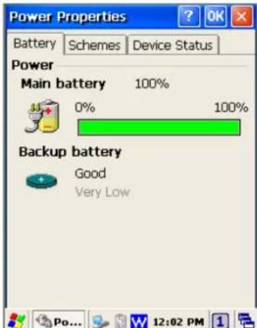 Power Properties Battery Schemes Device Status Power Main battery 100% 0% 100% Backup battery Good Very Low