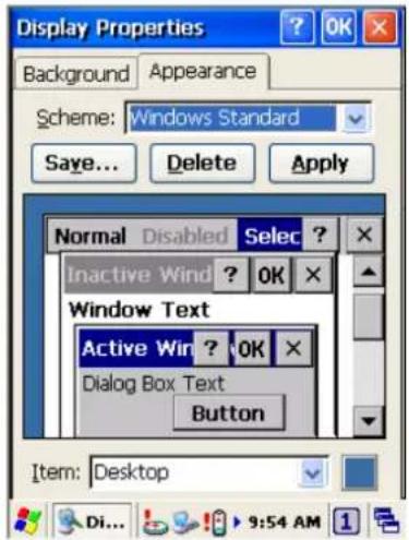 Display Properties Background Appearance Scheme: Windows Standard Save... Delete Apply Normal Disabled Select ? Inactive Wind ? OK * Window Text Active Win ? OK * Dialog Box Text Button Item: Desktop