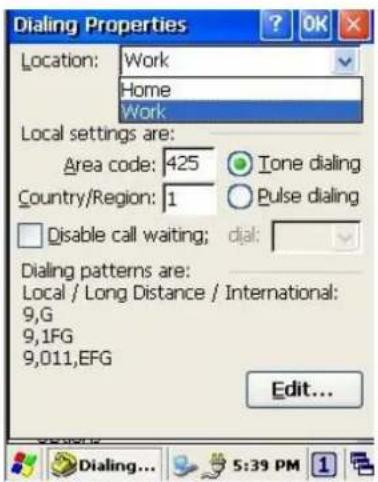 Dialing Properties Location: Work Home Work Local settings are: Area code: 425 Tone dialing Country/Region: 1 Pulse dialing Disable call waiting; dial: Dialing patterns are: Local / Long Distance / International: 9,G 9,IFG 9,011,EFG Edit...