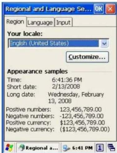 Regional and Language Se... Region Language Input Your locale: English (United States) Customize... Appearance samples Time: 6:41:36 PM Short date: 2/13/2008 Long date: Wednesday, February 13, 2008 Positive numbers: 123,456,789.00 Negative numbers: -123,456,789.00 Positive currency: $123,456,789.00 Negative currency: ($123,456,789.00) Regional a... 6:41 PM