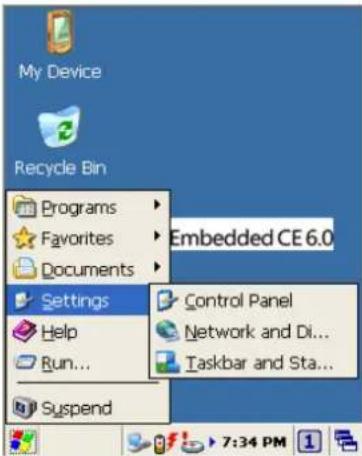 My Device 2 Recycle Bin Programs Favorites Documents Embedded CE 6.0 Settings Help Run... Suspend Control Panel Network and Di... Taskbar and Sta...