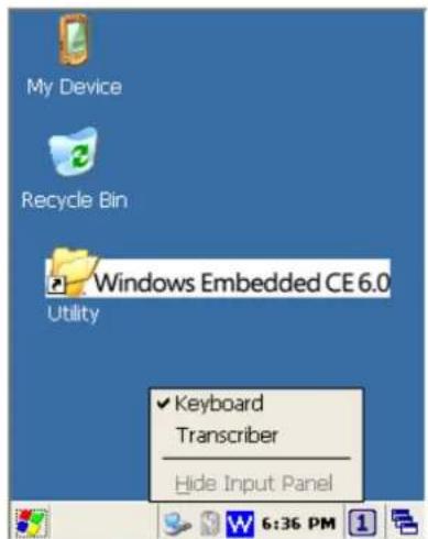 My Device Recycle Bin Windows Embedded CE 6.0 Utility ✓ Keyboard Transcriber Hide Input Panel 6:36 PM