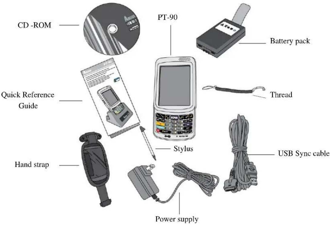 CD-ROM PT-90 Battery pack Quick Reference Guide Thread Hand strap Stylus USB Sync cable Power supply