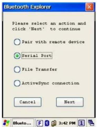 Please select an action and click 'Next' to continue ○ Pair with remote device ● Serial Port ○ File Transfer ○ ActiveSync connection Cancel Next