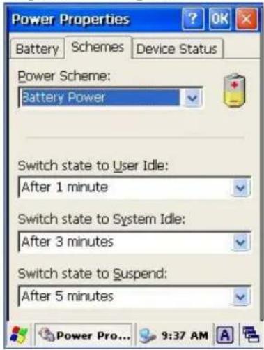 Power Properties Battery Schemes Device Status Power Scheme: Battery Power Switch state to User Idle: After 1 minute Switch state to System Idle: After 3 minutes Switch state to Suspend: After 5 minutes Power Pro... 9:37 AM