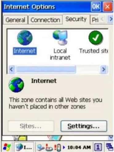 Internet Options General Connection Security Pri Internet Local intranet Trusted site Internet This zone contains all Web sites you haven't placed in other zones Sites... Settings...
