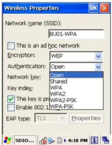 Wireless Properties Network name (SSID): BU01-WPA This is an ad hoc network Encryption: WEP Authentication: Open Network key: Open Shared Key index: WPA WPA2 The key is pr WPA2-PSK Enable 802.1 WPA-PSK EAP type: TLS Properties SDIO... 4:18 PM