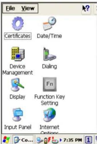 File View Certificates Date/Time Device Management Dialing Display Function Key Setting Input Panel Internet Options Co... 7:35 PM