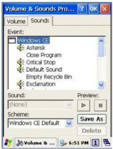 Volume & Sounds Pro... Volume Sounds Event: Windows CE Asterisk Close Program Critical Stop Default Sound Empty Recycle Bin Exclamation Sound: (None) Preview: Scheme: Windows CE Default Save As Delete Volume & ... 6:51 PM