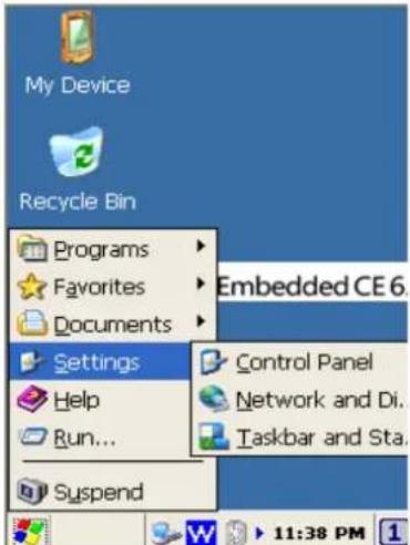 My Device Recycle Bin Programs Favorites Documents Settings Help Run... Suspend Embedded CE 6 Control Panel Network and Di. Taskbar and Sta. 11:38 PM