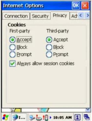 Internet Options Connection Security Privacy Ad Cookies First-party Third-party Accept Accept Block Block Prompt Prompt Always allow session cookies