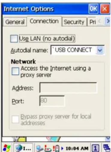 Internet Options General Connection Security Pri Use LAN (no autodial) Autodial name: USB CONNECT Network Access the Internet using a proxy server Address: Port: 80 Bypass proxy server for local addresses
