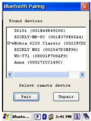 Bluetooth Pairing Found devices Z610i (001E45B49206) RICKLY-NB-PC (001E379E85A4) O-Nokia 6220 Classic (0022FCDC) RICKLY N82 (002547D3EF96) WX-T71 (08001F708AF9) Anne (000272CC149C) Select remote device Pair Unpair Bluetooth... F 3:41 PM 1