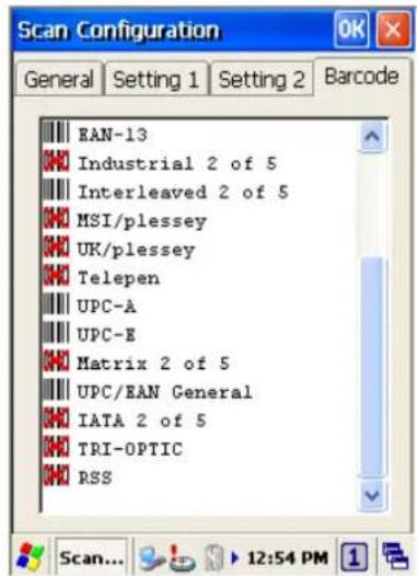 Scan Configuration General Setting 1 Setting 2 Barcode RAN-13 Industrial 2 of 5 Interleaved 2 of 5 MSI/plesey UK/plesey Telepen UPC-A UPC-E Matrix 2 of 5 UPC/RAN General IATA 2 of 5 TRI-OPTIC RSS