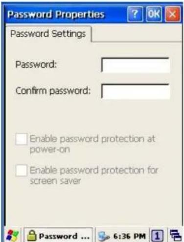 Password Properties Password Settings Password: Confirm password: Enable password protection at power-on Enable password protection for screen saver Password ... 6:36 PM