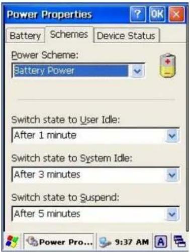Power Properties Battery Schemes Device Status Power Scheme: Battery Power Switch state to User Idle: After 1 minute Switch state to System Idle: After 3 minutes Switch state to Suspend: After 5 minutes Power Pro... 9:37 AM