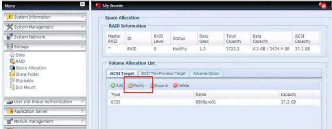 Thecus N7700PRO - Modifier un volume iSCSI - 1