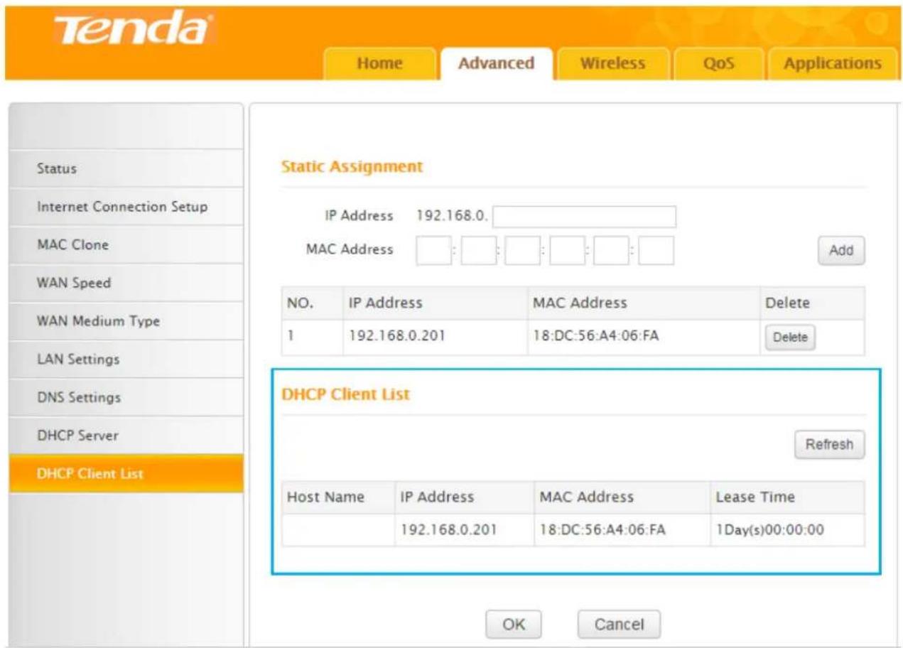 Tenda F3 - DHCP Client List - 1