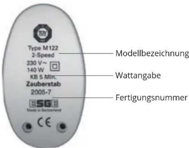 Type M122 2-Speed 230 V~ 140 W KB 5 Min. Zauberstab 2005-7 Modellbezeichnung Wattangabe Fertigungsnummer Made in Switzerland