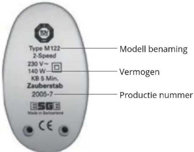 Type M122 2-Speed 230 V~ 140 W KB 5 Min. Zauberstab 2005-7 Modell benaming Vermogen Productie nummer Made in Switzerland CE