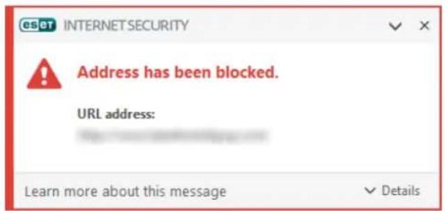ESET INTERNET SECURITY Address has been blocked. URL address: Learn more about this message Details