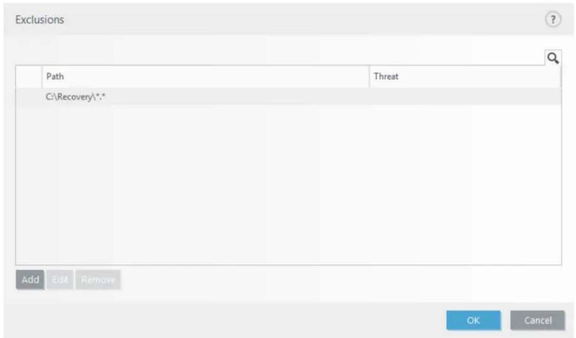 Exclusions Path Threat C:\Recovery\*.* Add Edit Remove OK Cancel
