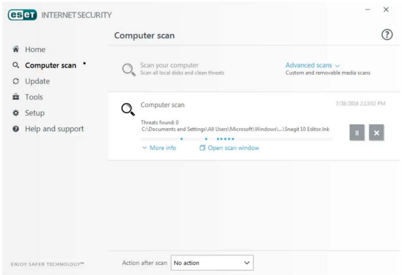 eset INTERNET SECURITY Computer scan Home Computer scan Update Tools Setup Help and support Scan your computer Scan all local disks and clean threats Advanced scans Custom and removable media scans Computer scan Threats found: 0 C:\Documents and Settings\All Users\Microsoft\Windows...\Snagit 10 Editor.Ink More info Open scan window 7/28/2016 2:13:02 PM ENJOY SAFER TECHNOLOGY™ Action after scan No action