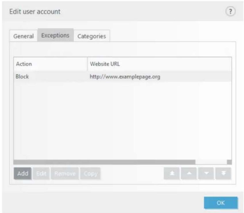 Edit user account General Exceptions Categories Action Website URL Block http://www.examplepage.org Add Edit Remove Copy OK