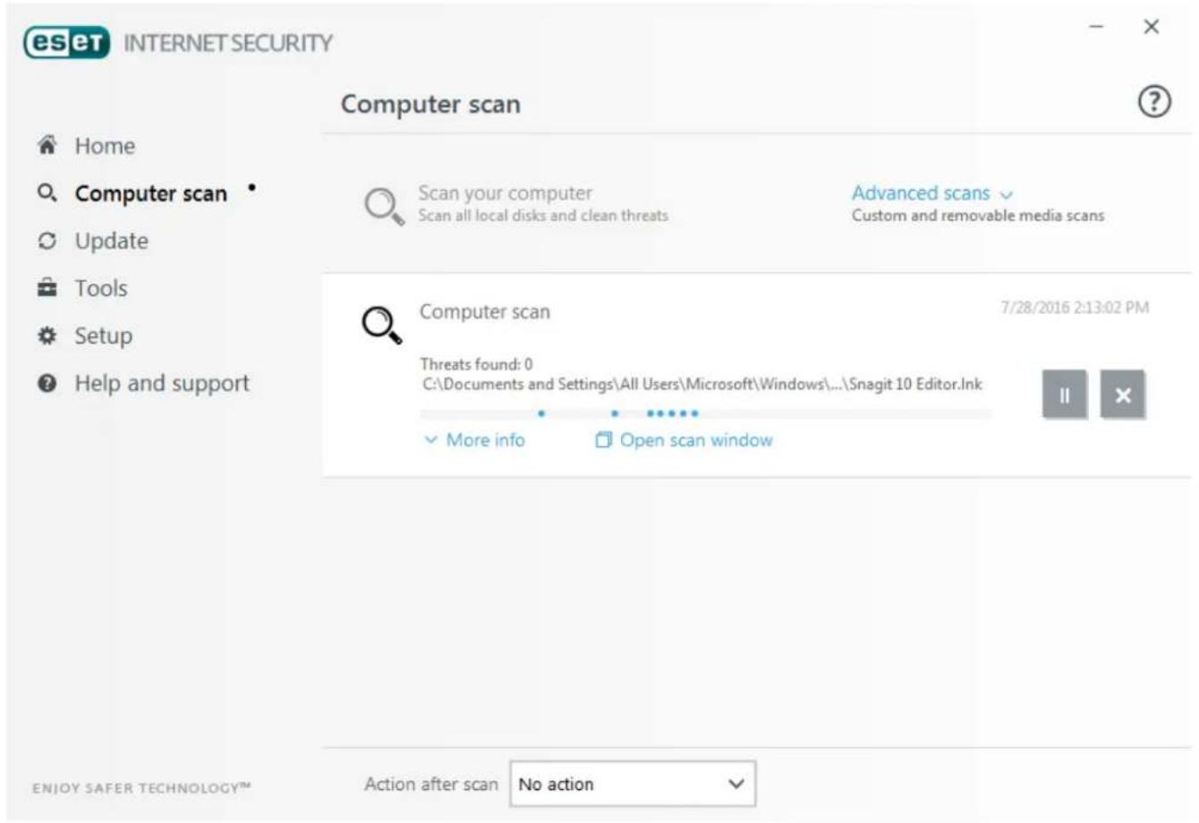 eset INTERNET SECURITY Computer scan Home Computer scan Update Tools Setup Help and support Scan your computer Scan all local disks and clean threats Advanced scans Custom and removable media scans Computer scan Threats found: 0 C:\Documents and Settings\All Users\Microsoft\Windows...\Snagit 10 Editor.lnk More info Open scan window 7/28/2016 2:13:02 PM ENJOY SAFER TECHNOLOGY™ Action after scan No action