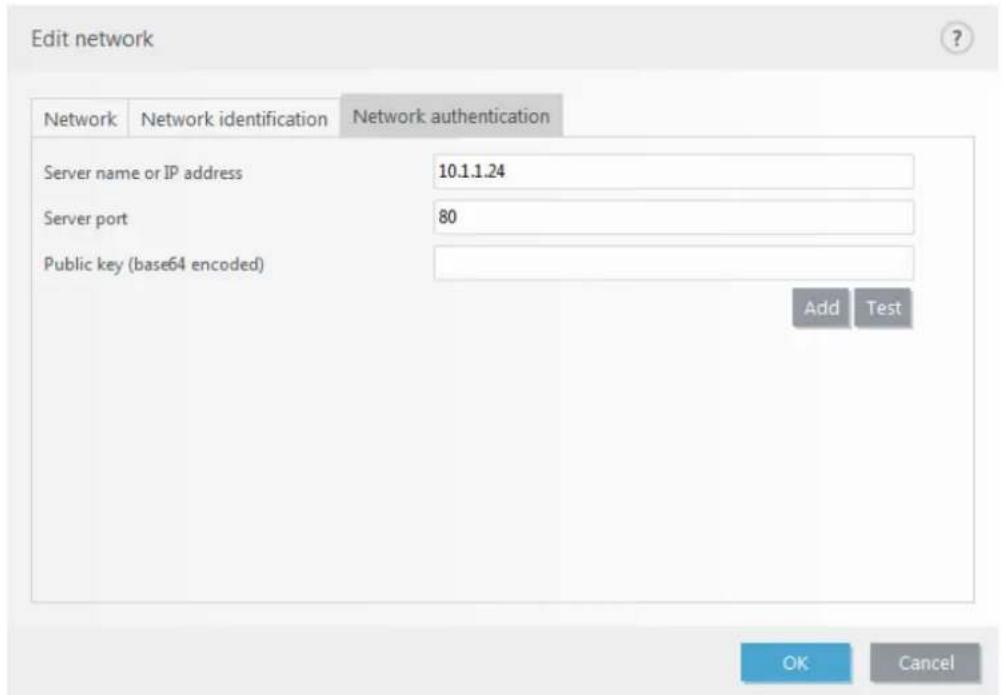 Edit network Network Network identification Network authentication Server name or IP address 10.1.1.24 Server port 80 Public key (base64 encoded) Add Test OK Cancel