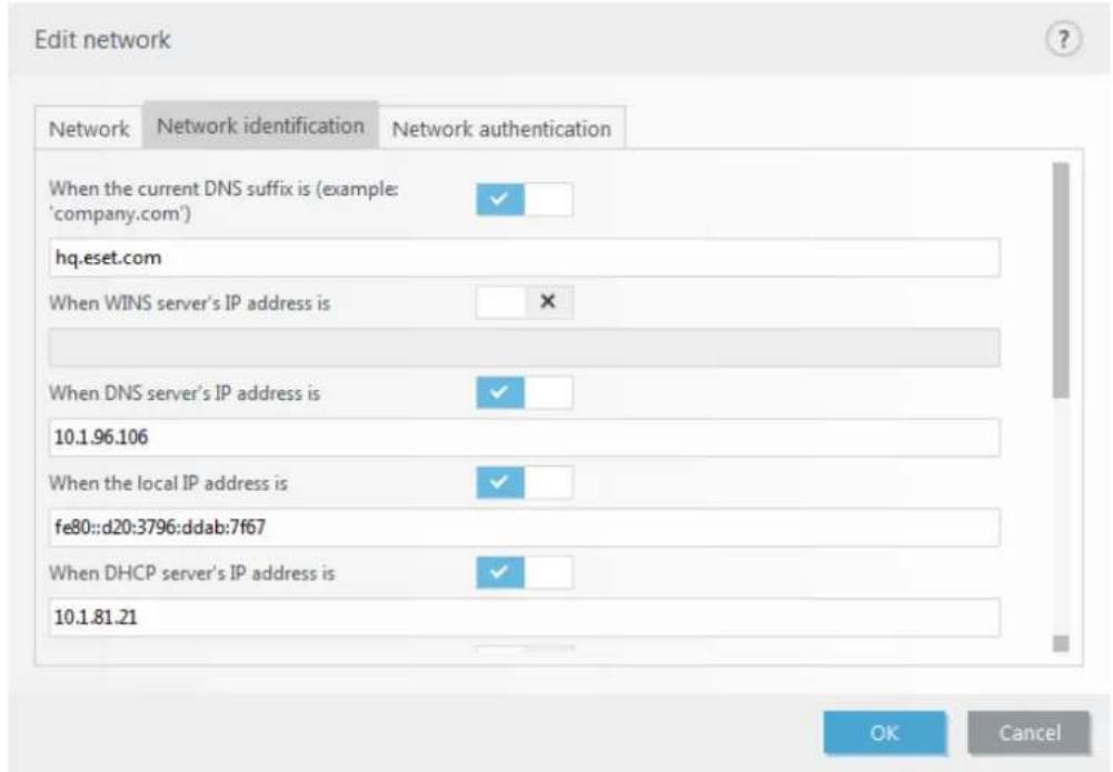 Edit network Network Network identification Network authentication When the current DNS suffix is (example: 'company.com') hq.eset.com When WINS server's IP address is When DNS server's IP address is 10.1.96.106 When the local IP address is fe80::d20:3796:ddab:7f67 When DHCP server's IP address is 10.1.81.21 OK Cancel