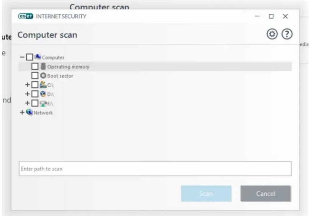 Computer scan CSOT INTERNET SECURITY Computer scan -□ Computer □ Operating memory □ Boot sector +□ C:\ +□ D:\ +□ E:\ +□ Network Enter path to scan Scan Cancel