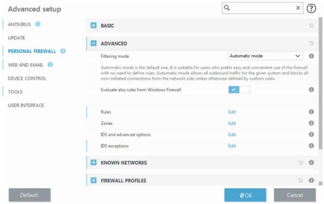 Advanced setup ANTIVIRUS UPDATE PERSONAL FIREWALL WEB AND EMAIL DEVICE CONTROL TOOLS USER INTERFACE BASIC ADVANCED Filtering mode Automatic mode Automatic mode is the default one. It is suitable for users who prefer easy and convenient use of the firewall with no need to define rules. Automatic mode allows all outbound traffic for the given system and blocks all non-initiated connections from the network side unless otherwise defined by custom rules. Evaluate also rules from Windows Firewall Rules Edit Zones Edit IDS and advanced options Edit IDS exceptions Edit KNOWN NETWORKS FIREWALL PROFILES Default OK Cancel