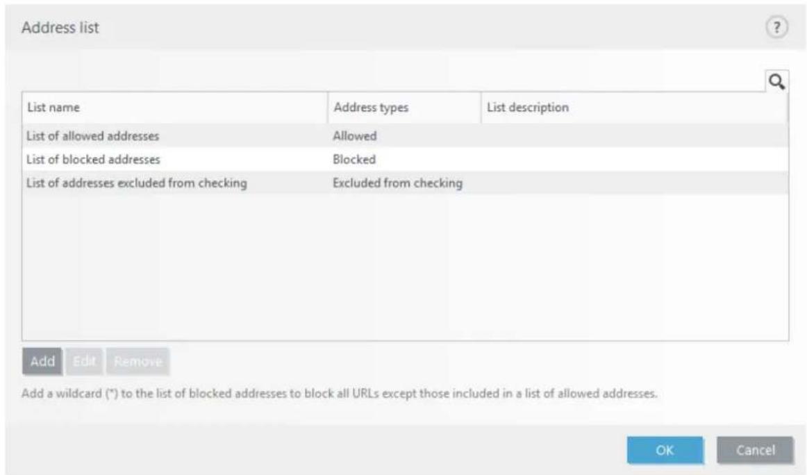 Address list List name Address types List description List of allowed addresses Allowed List of blocked addresses Blocked List of addresses excluded from checking Excluded from checking Add Edit Remove Add a wildcard (*) to the list of blocked addresses to block all URLs except those included in a list of allowed addresses. OK Cancel