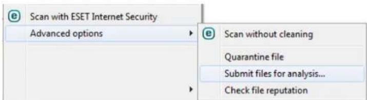 Scan with ESET Internet Security Advanced options Scan without cleaning Quarantine file Submit files for analysis... Check file reputation