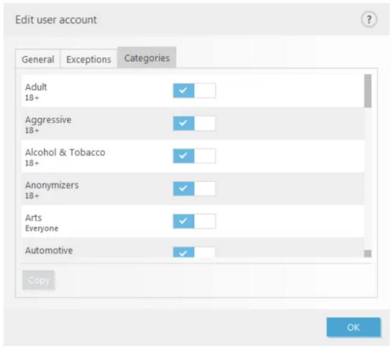 Edit user account General Exceptions Categories Adult 18+ Aggressive 18+ Alcohol & Tobacco 18+ Anonymizers 18+ Arts Everyone Automotive Copy OK