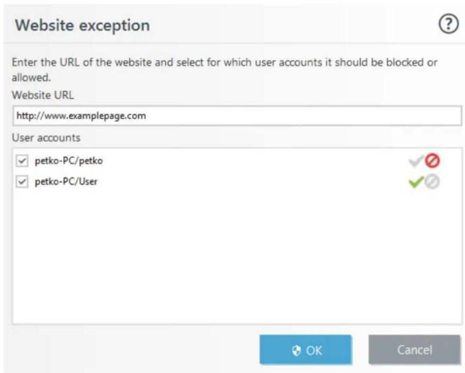 Website exception Enter the URL of the website and select for which user accounts it should be blocked or allowed. Website URL http://www.examplepage.com User accounts ✓ petko-PC/petko ✓ petko-PC/User OK Cancel