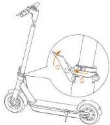 Diagram of a scooter with labeled parts and an inset showing the lever mechanism with numbered annotations