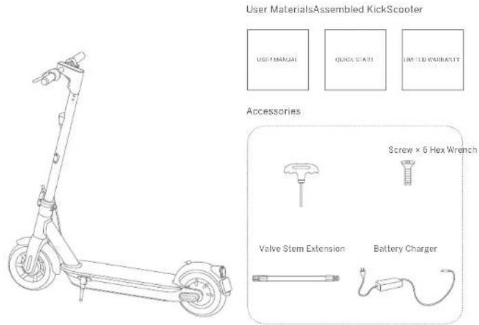 User MaterialsAssembled KickScooter USER MANUAL QUICK START LIMITED CABBRANTY Accessories Screw × 6 Hex Wrench Valve Stem Extension Battery Charger