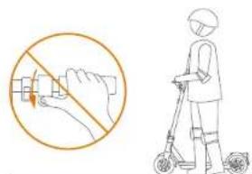 Safety warning illustration showing a hand holding a scooter with no hand gesture and a person using a scooter.