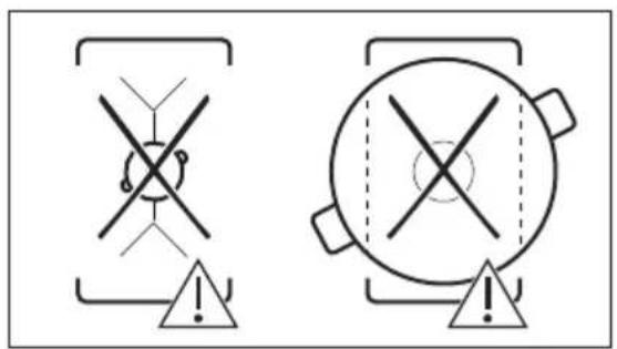 Safety warning symbols for crosshair and circular device, both marked with exclamation marks
