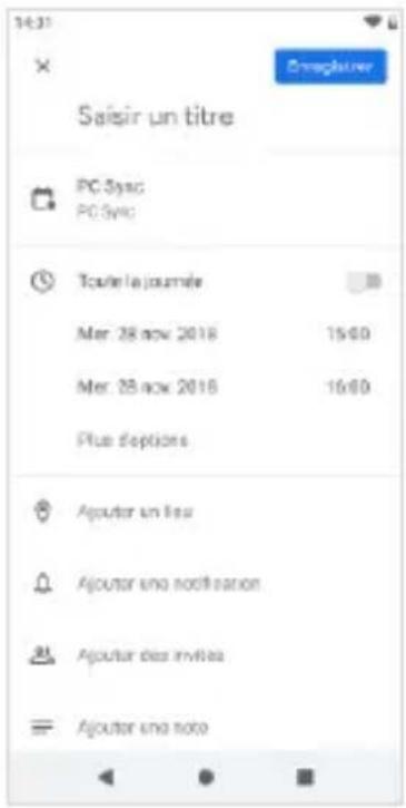 14:31 × Saisir un titre PC-Sync PC-Sync Toute la journée Mer. 28 now 2018 15:00 Mer. 28 now 2018 16:00 Plus époints Ajouter un lieu Ajouter une notification Ajouter des invites Ajouter une note