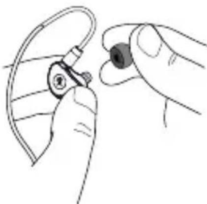 Line drawing of a hand holding an earbell with a small ear component (no text or symbols)