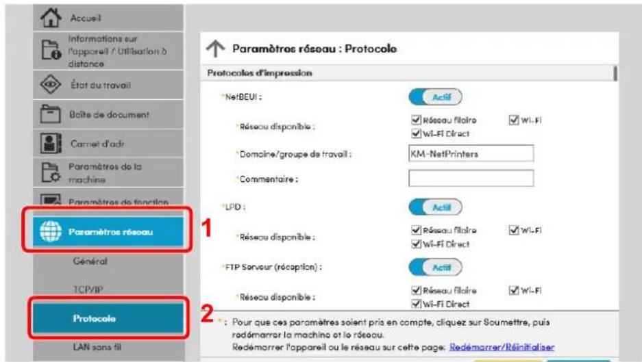KYOCERA TASKalfa 7054ci - Dans le menu [Paramètres réseau], cliquer sur [Protocole]. - 1
