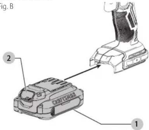 Craftsman CMCD700 - Installing and Removing the Battery Pack (Fig. B) - 1