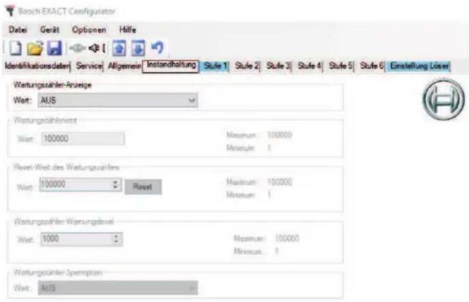 BOSCH EXACT Configurator - Registerkarte Instandhaltung (nur für Serie EXACT 12V) - 1