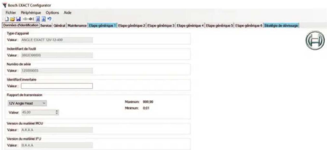 BOSCH EXACT Configurator - Onglet données d'identification - 1